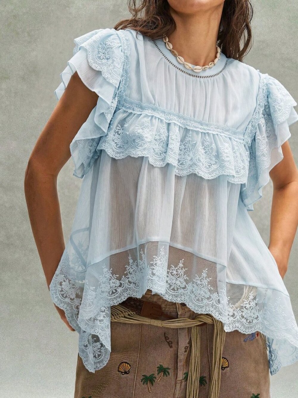 Blue Bohemian Women's Embroidered Ruffled Lace Patchwork Blouse
